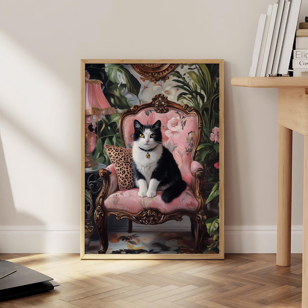 Photo inspiration: Cat Wall Units With Rustic Maximalist Style Reference: Tuxedo Cat On Chair Poster Maximalist Wall Decor Vintage Floral