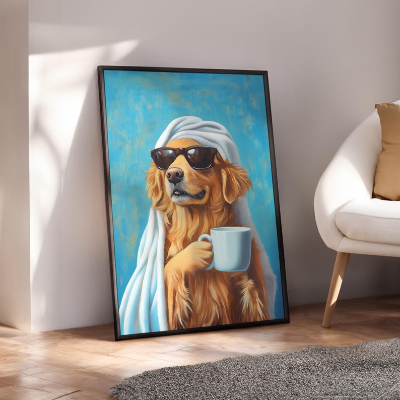 May include: A golden retriever dog wearing sunglasses and a white towel, holding a blue mug. The dog is sitting against a blue background.