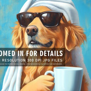 May include: A golden retriever dog wearing sunglasses and a white towel, holding a white coffee mug. The dog is looking at the camera with a relaxed expression. The background is a light blue colour.