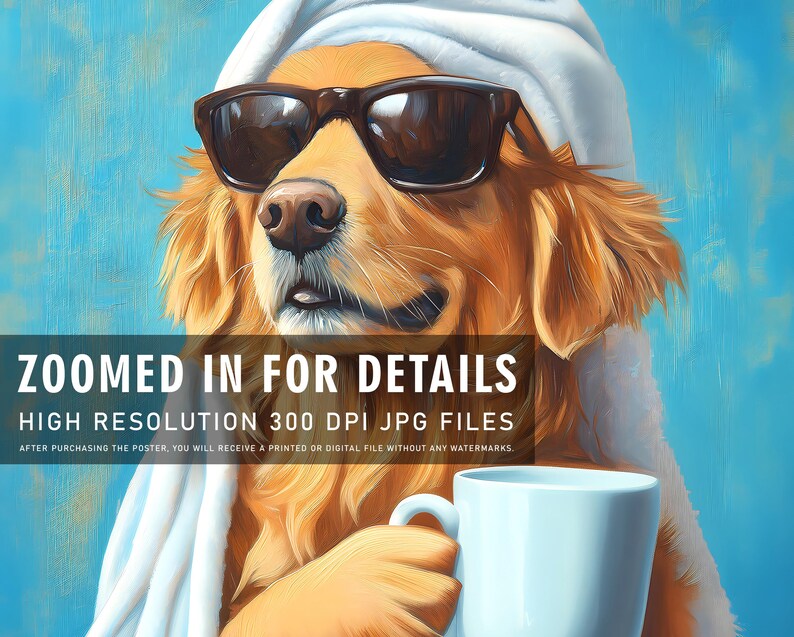May include: A golden retriever dog wearing sunglasses and a white towel, holding a white coffee mug. The dog is looking at the camera with a relaxed expression. The background is a light blue colour.