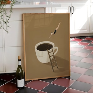 Impresión de Coffee Diver, póster de café de buenos días, arte de pared de espresso, impresiones para amantes del café, póster de cocina de moda, impresión de café: archivo digital