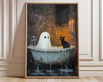 Halloween Badezimmer Poster, Geist und schwarze Katze Wandkunst, Geisterbaden Druck, Halloween Wandkunst, Gruselige Posterdrucke - Optionaler Rahmen