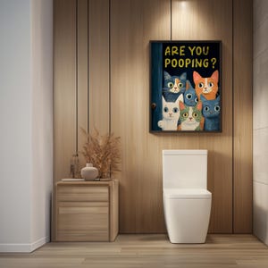 Are You Pooping Toilet Cat Print, Cats Bathroom Poster, Funny Toilet Wall Art, Vintage Bathroom Wall Decor, Humorous Prints - Optional Frame image 2