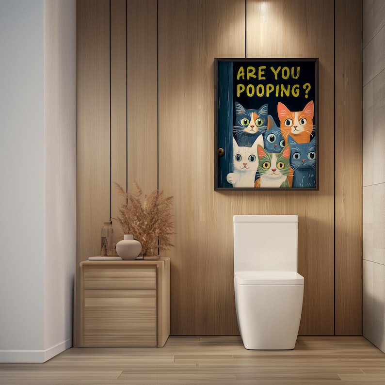 Are You Pooping Toilet Cat Print, Cats Bathroom Poster, Funny Toilet Wall Art, Vintage Bathroom Wall Decor, Humorous Prints - Optional Frame image 2