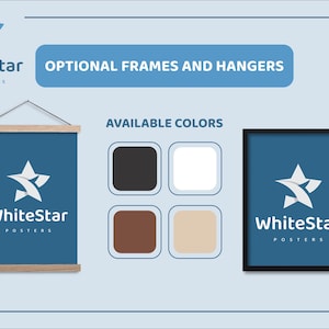 May include: WhiteStar Posters logo with a blue star design. The logo is displayed on a blue poster with a wooden frame. The poster is available in black, white, brown, and beige frames.