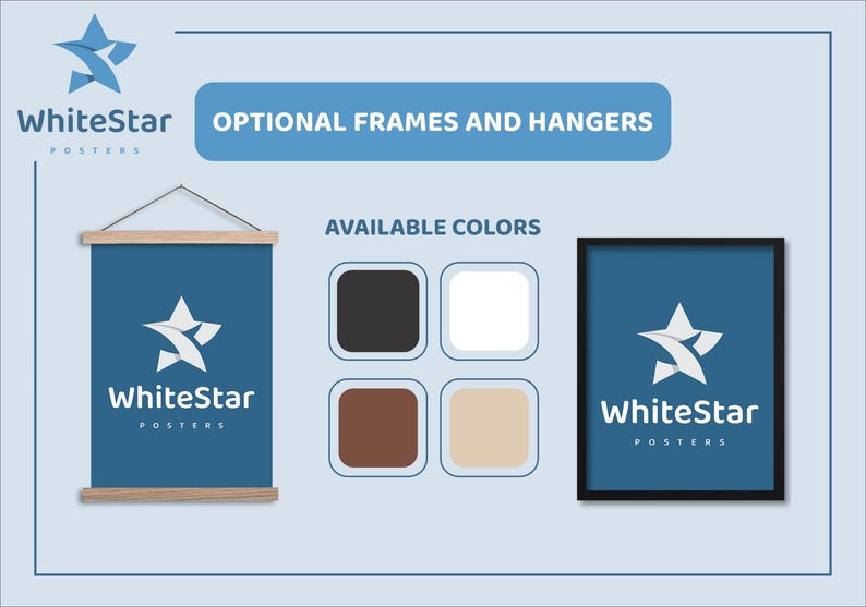 May include: WhiteStar Posters logo with a blue star design. The logo is displayed on a blue poster with a wooden frame. The poster is available in black, white, brown, and beige frames.