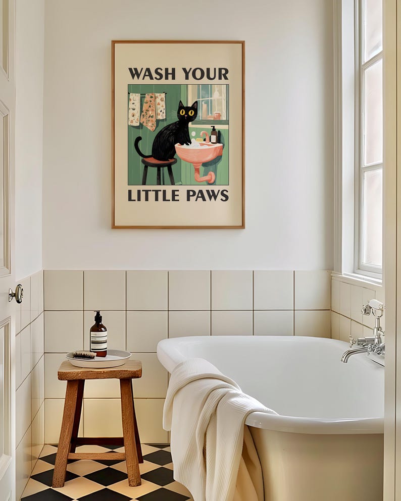 Wash Your Paws Cat Poster, Funny Bathroom Print, Black Cat Wall Art