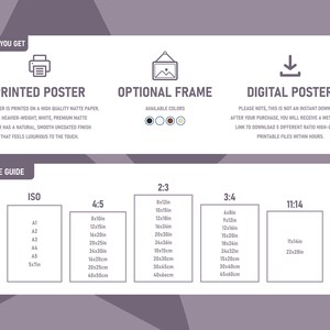 May include: A size guide for printed posters, showing different sizes in inches and centimeters. The guide includes ISO, 4:5, 2:3, 3:4, and 11:14 aspect ratios.