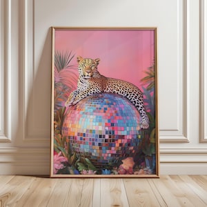Leopard on Disco Ball Poster, Leopard Wall Art, Maximalist Wall Decor, Jungle Leopard Print, Vibrant Maximalist Prints - Digital File