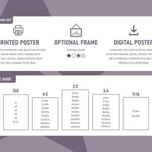 May include: A size guide for printed posters, showing different sizes in inches and centimetres. The guide includes ISO, 4:5, 2:3, 3:4, and 11:14 aspect ratios.