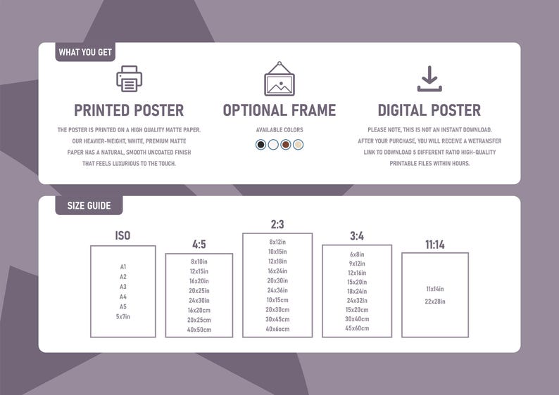 May include: A size guide for printed posters, showing different sizes in inches and centimetres. The guide includes ISO, 4:5, 2:3, 3:4, and 11:14 aspect ratios.