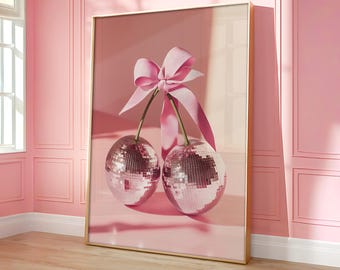 Cherry Disco Ball Wall Art, Ribbon Mirrorball Print, Disco Ball Poster, Pink Girly Poster, Trendy Wall Art, Retro Prints - Optional Frame
