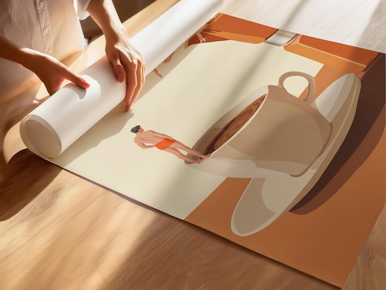 May include: A large poster print featuring a surreal illustration of a person wearing an orange towel standing on the rim of a giant coffee cup and saucer. The artwork uses a warm color palette of cream, brown, and orange tones.