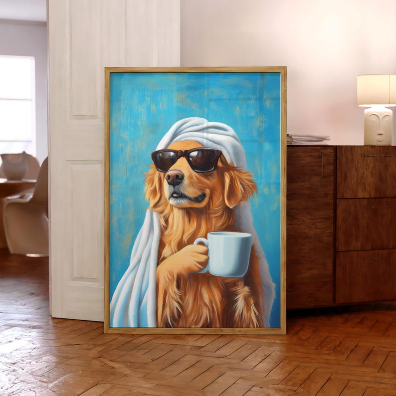 May include: A golden retriever dog wearing sunglasses and a white towel, holding a white coffee mug against a blue background.