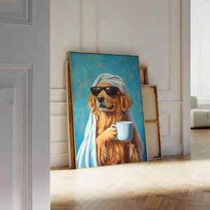 May include: A painting of a golden retriever wearing sunglasses and a towel, holding a blue mug. The dog is looking at the viewer with a relaxed expression. The background is a bright blue.