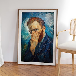May include: A painting of a man with a beard, wearing a blue jacket, with his hand covering his mouth. The background is a blue and white sky with clouds.