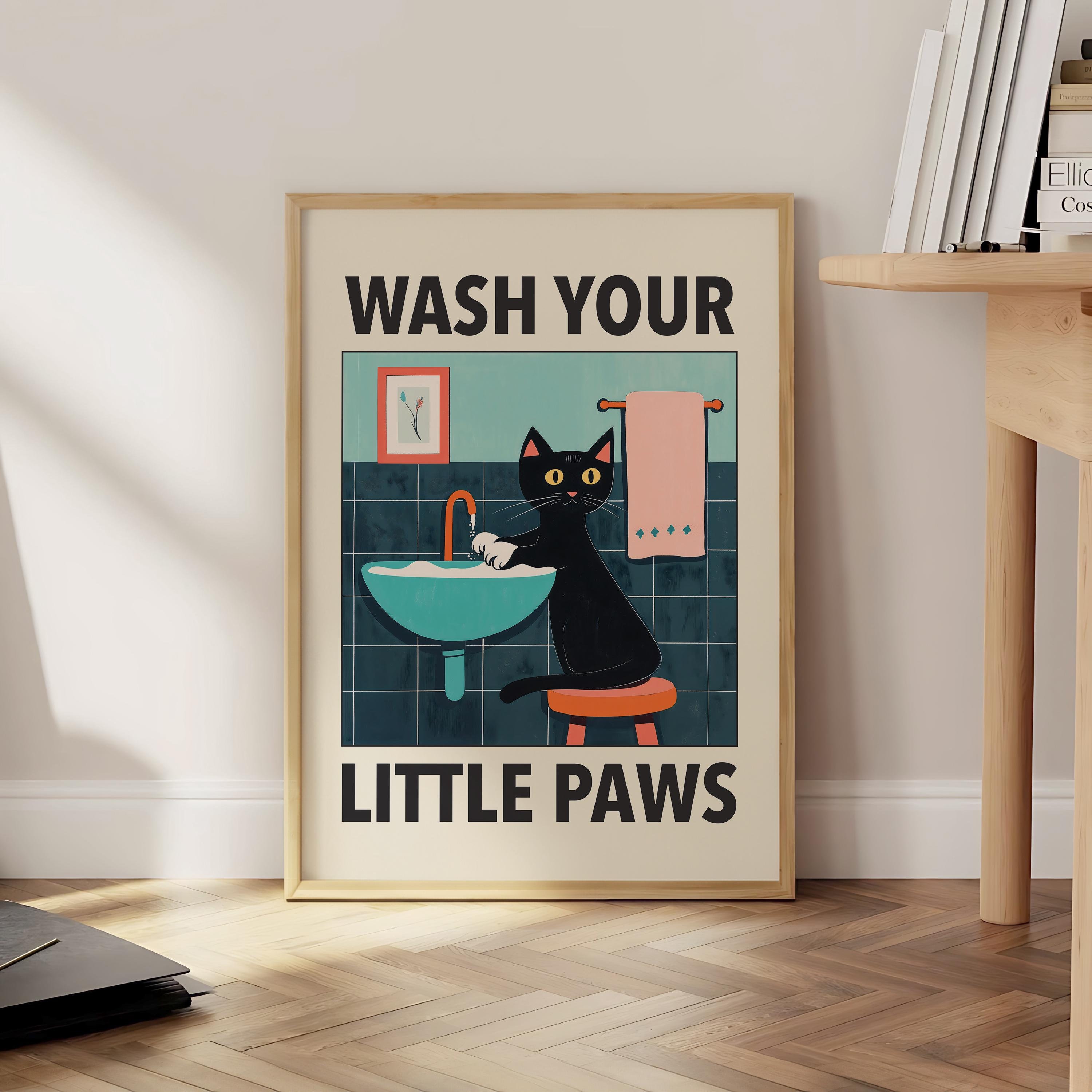 Wash Your Paws Cat Poster, Funny Bathroom Print, Black Cat Wall Art ...