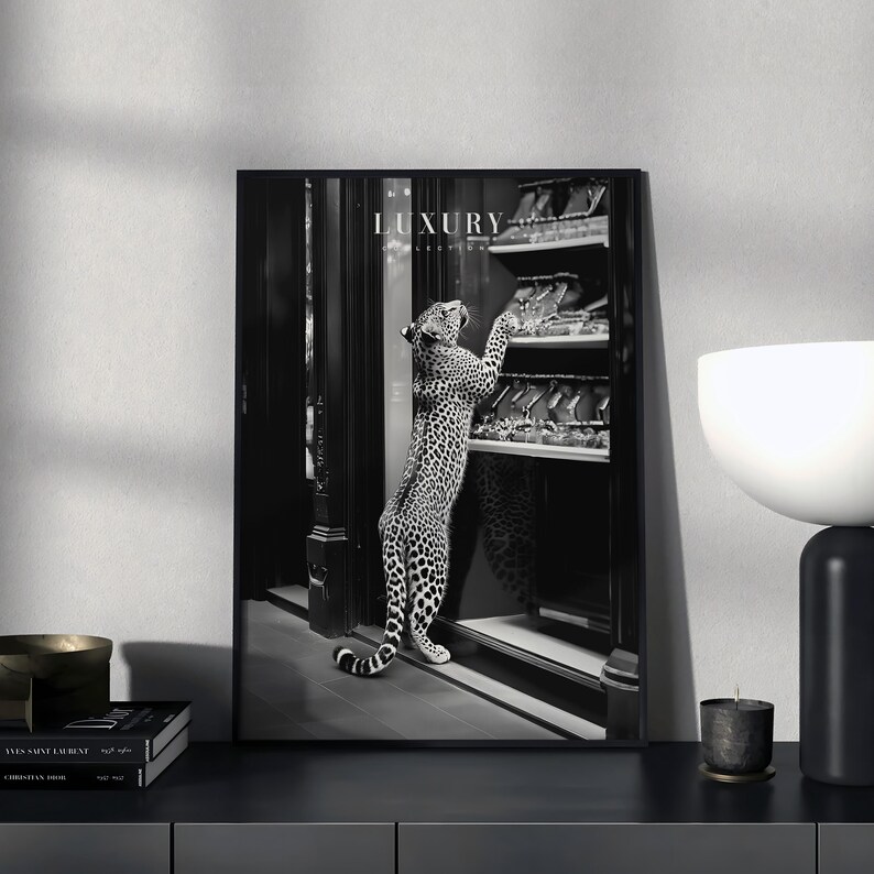 Fashion Magazine Poster, Luxury Panther at Store Print, Trendy Wall Art