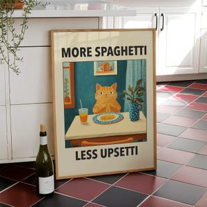More Spaghetti Less Upsetti Cat Poster, Italian Kitchen Print, Funny Black Cat Wall Art, Retro Diner Poster, Pasta Print - Digital File