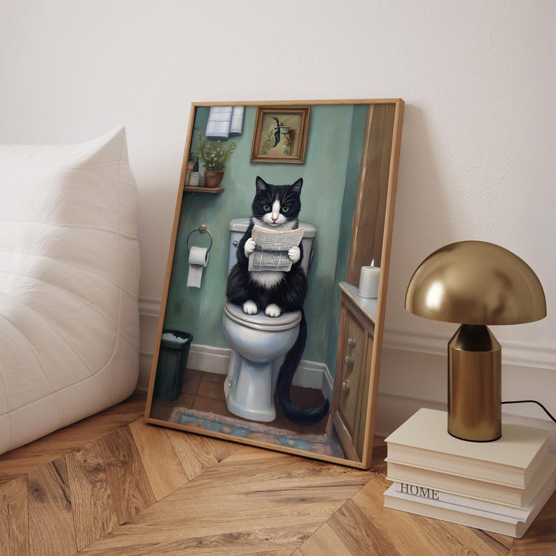 Tuxedo Cat Bathroom Print, Bathroom Funny Poster, Housewarming Toilet ...