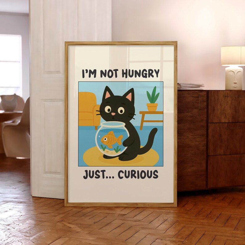 Funny Cat and Fish Tank Poster, Cute Black Cat Goldfish Print, Playful ...