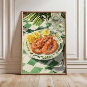 Shrimp Plate Wall Art, Shrimp and Lemons Poster, Vintage Seafood Print, Vintage Dinner Poster, Eclectic Kitchen Wall Art - Optional Frame