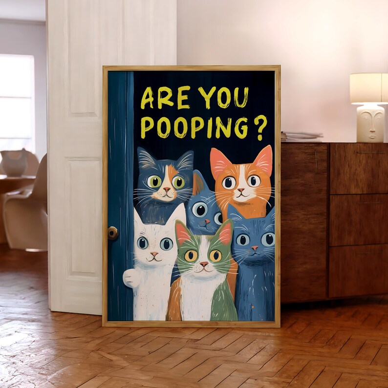 Are You Pooping Toilet Cat Print, Cats Bathroom Poster, Funny Toilet Wall Art, Vintage Bathroom Wall Decor, Humorous Prints - Optional Frame image 9