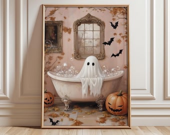 Halloween Bathroom Poster, Ghost Spooky Print, Ghost Bathing Print, Halloween Wall Art, Spooky Poster, Pink Wall Art - Optional Frame