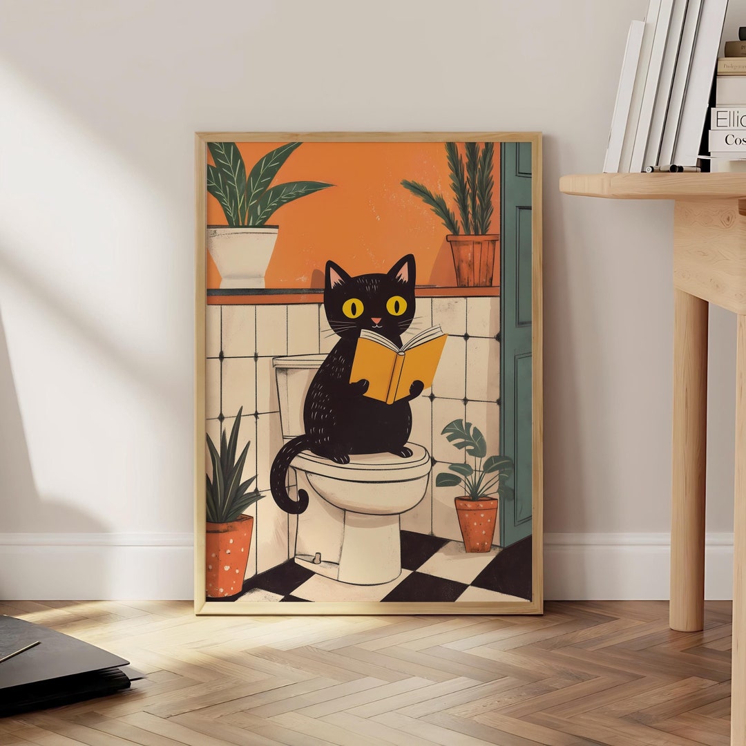 Funny Bathroom Cat Print, Black Cat Print, Funny Toilet Wall Art, Pink ...