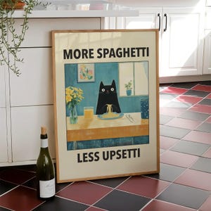 More Spaghetti Less Upsetti Cat Poster, Italian Kitchen Print, Funny Black Cat Wall Art, Retro Diner Poster, Pasta Print - Digital File