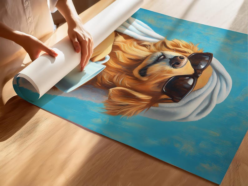 May include: A golden retriever dog wearing sunglasses and a white towel on its head. The dog is looking to the right and has a relaxed expression. The background is a light blue colour.