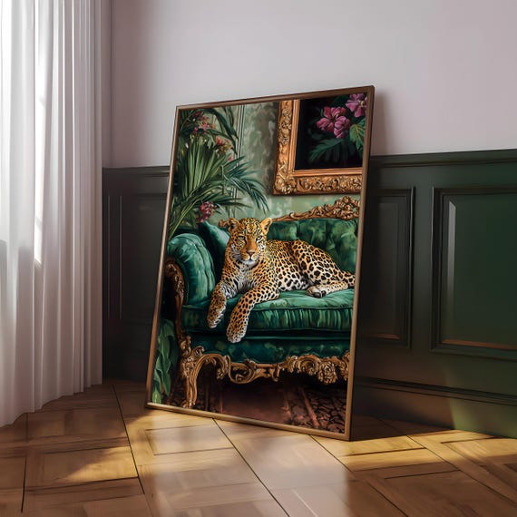 Leopard on Emerald Green Sofa Poster, Leopard Wall Art, Maximalist