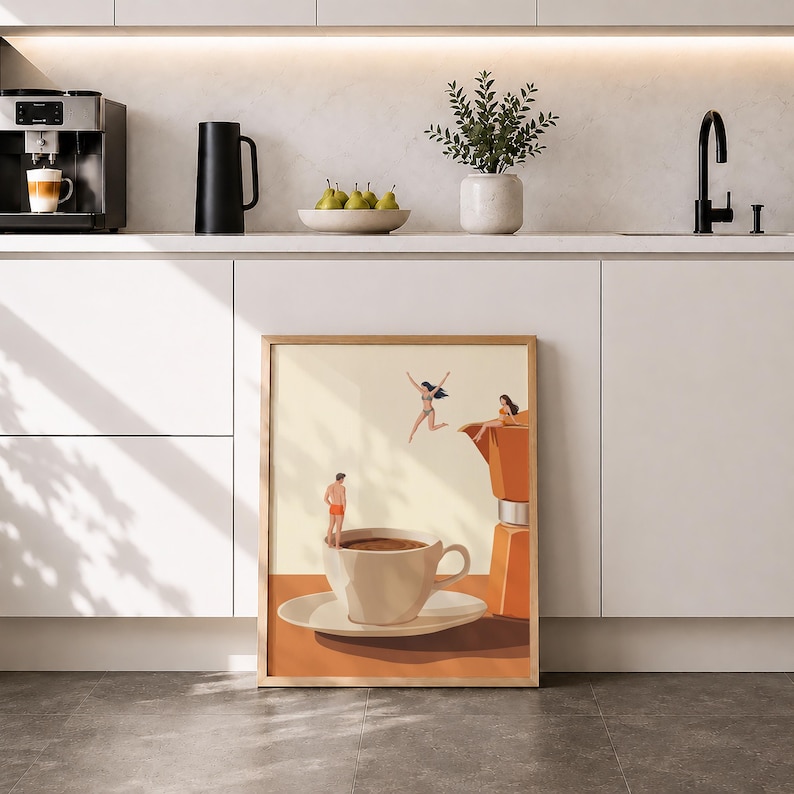 May include: A framed wall art print featuring a surreal illustration of a person in orange swim trunks standing on the rim of a coffee cup, another person jumping into the air, and a third person sitting on a large orange moka pot.
