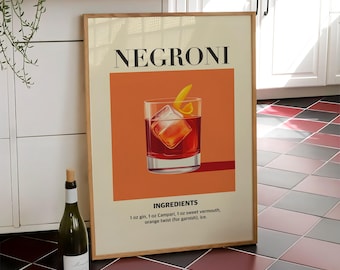 Negroni Cocktail Print, Barwagen Poster, Party Drink Wandkunst, Retro Küche Druck, Cocktail Poster, Trendy Drink Art - Digitale Datei