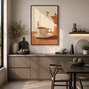 May include: A rectangular wall art print featuring a surreal illustration of a large coffee cup and a moka pot on a table. Tiny figures are depicted jumping into the coffee cup and sitting on the edge of the moka pot against a cream background.