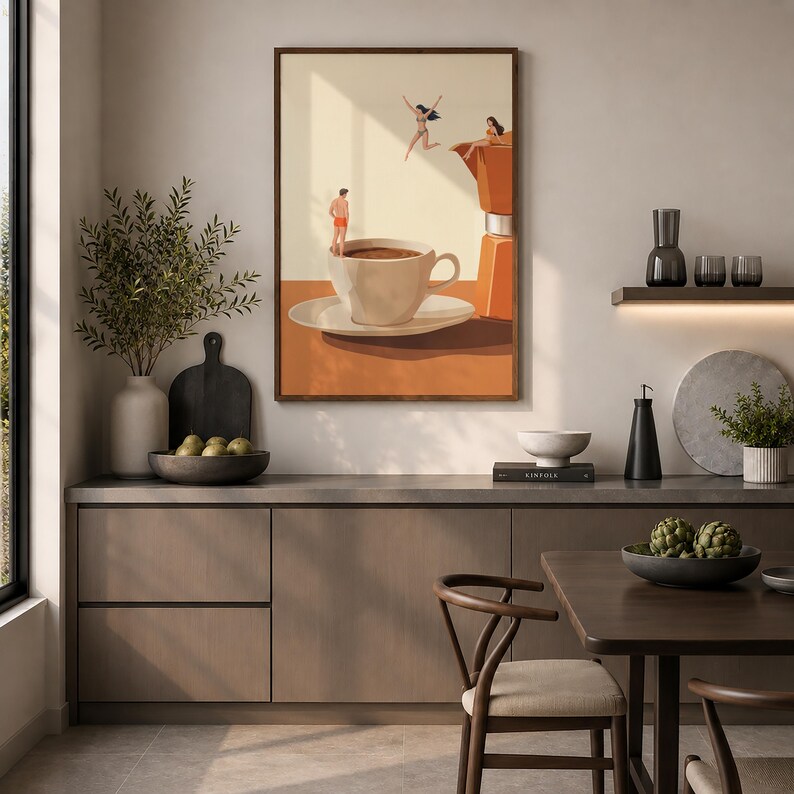 May include: A rectangular wall art print featuring a surreal illustration of a large coffee cup and a moka pot on a table. Tiny figures are depicted jumping into the coffee cup and sitting on the edge of the moka pot against a cream background.