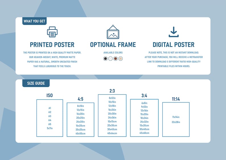 Op de afbeelding: Een maattabel voor gedrukte posters, met verschillende maten in inches en centimeters. De tabel omvat ISO, 4:5, 2:3, 3:4 en 11:14 beeldverhoudingen. De poster is gedrukt op hoogwaardig mat papier.