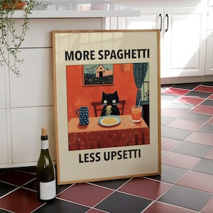 More Spaghetti Less Upsetti Cat Poster, Italian Kitchen Print, Funny Black Cat Wall Art, Retro Diner Poster, Pasta Print - Digital File