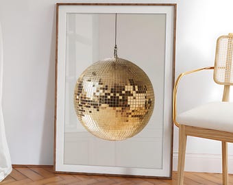 Disco Ball Wall Art, Golden Disco Ball Poster, Mirrorball print, Retro Wall Decor, Vintage 70s Inspired Glamour Prints - Optional Frame