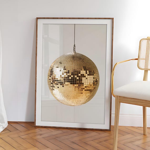 Disco Ball Wall Art, Golden Disco Ball Poster, Mirrorball print, Retro Wall Decor, Vintage 70s Inspired Glamour Prints - Optional Frame