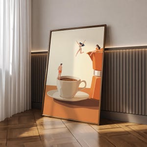 May include: A framed vertical wall art print featuring a surreal scene with a large white coffee cup on a saucer and an orange moka pot. Three small figures in swimwear are depicted jumping into or sitting near the coffee cup and the moka pot.