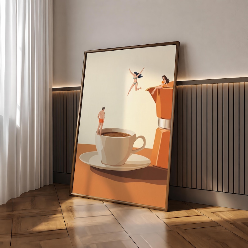 May include: A framed vertical wall art print featuring a surreal scene with a large white coffee cup on a saucer and an orange moka pot. Three small figures in swimwear are depicted jumping into or sitting near the coffee cup and the moka pot.