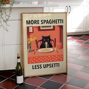 More Spaghetti Less Upsetti Cat Poster, Italian Kitchen Print, Funny Black Cat Wall Art, Retro Diner Poster, Pasta Print - Digital File
