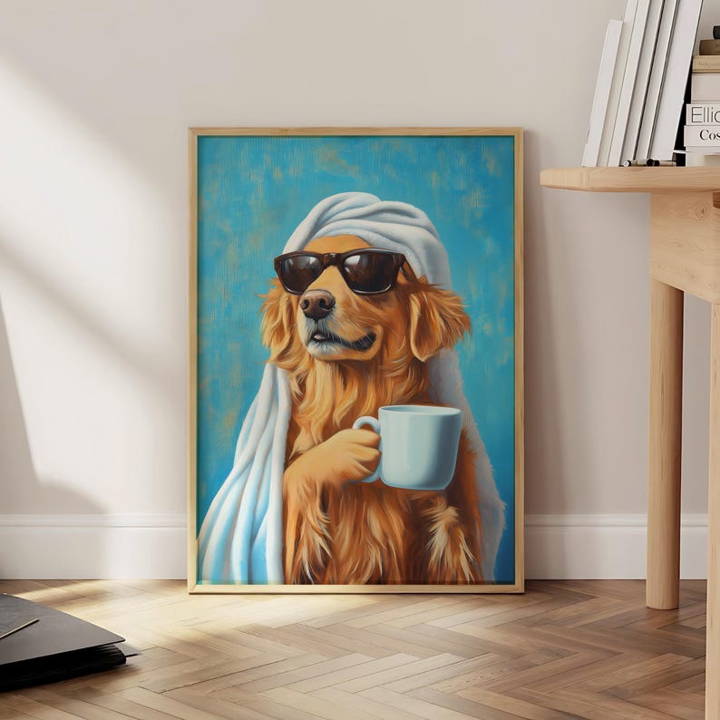 May include: A golden retriever dog wearing sunglasses and a white towel, holding a white coffee mug. The dog is sitting in front of a blue background.