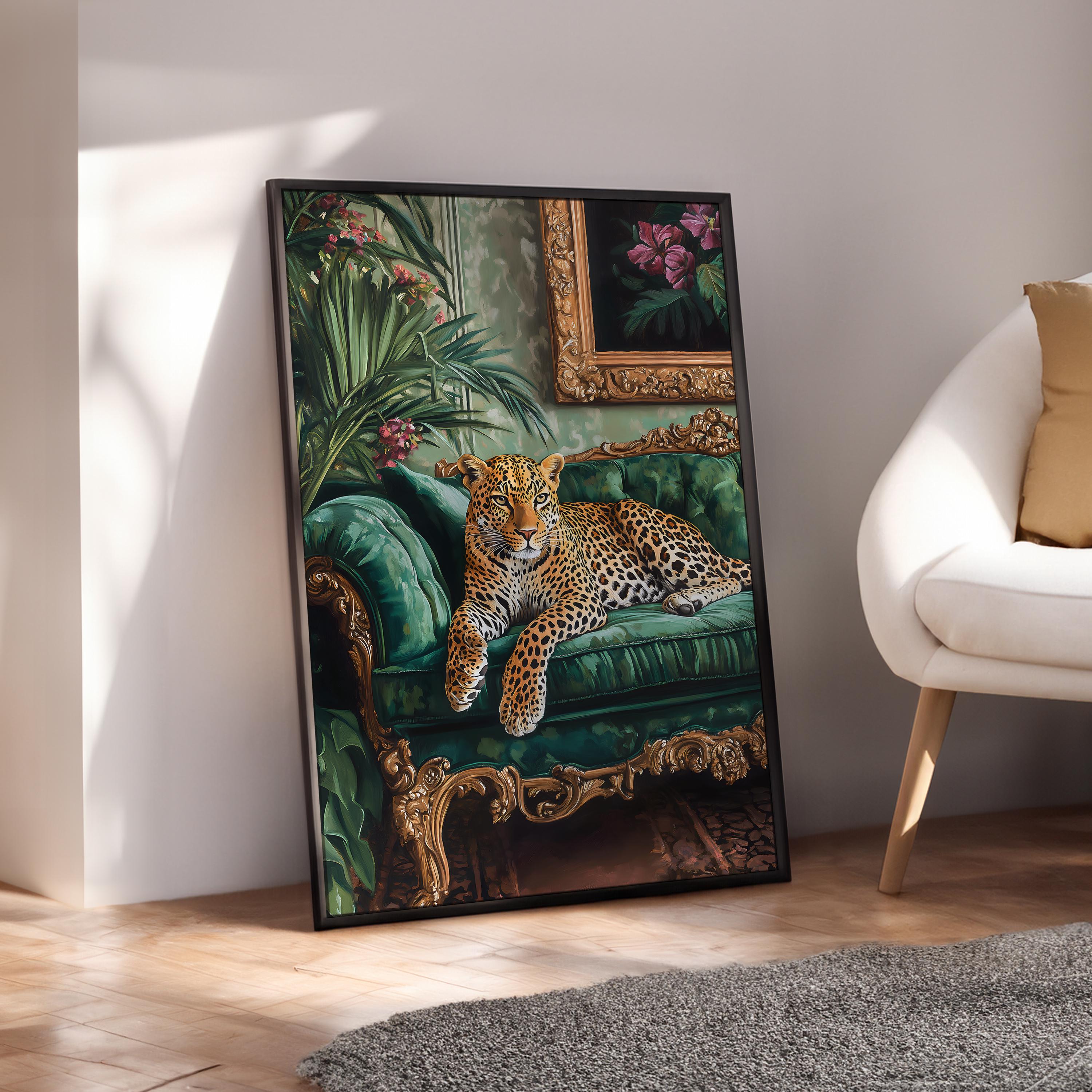 Leopard on Emerald Green Sofa Poster, Leopard Wall Art, Maximalist