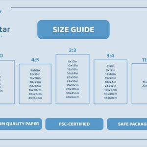 May include: A size guide for posters, showing different aspect ratios and corresponding dimensions in inches and centimeters. The guide includes ISO standard sizes, 4:5, 2:3, 3:4, and 11:14 aspect ratios. The text "WhiteStar Posters" is at the top of the image.