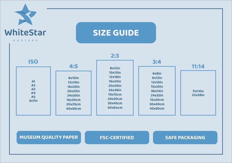 May include: A size guide for posters, showing different aspect ratios and corresponding dimensions in inches and centimeters. The guide includes ISO standard sizes, 4:5, 2:3, 3:4, and 11:14 aspect ratios. The text "WhiteStar Posters" is at the top of the image.