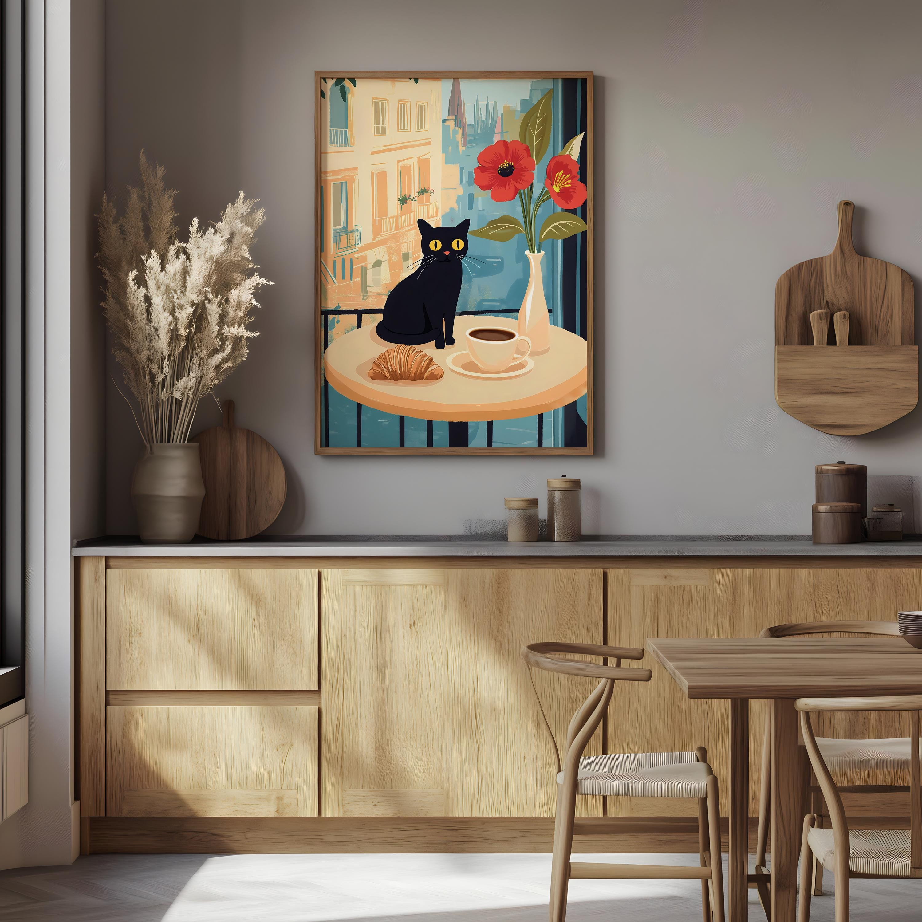 Stampa divertente con gatto nero raffigurante il caffè, poster Bonjour Mon Amour, decorazione da parete per caffè francese, graziosa decorazione per la colazione, stampa di qualità museale. - Italia