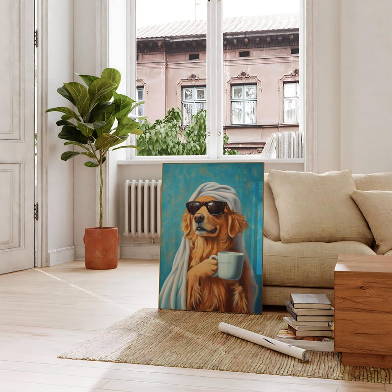 May include: A painting of a golden retriever wearing sunglasses and a towel on its head, holding a cup of coffee. The dog is looking directly at the viewer. The background is a light blue colour.
