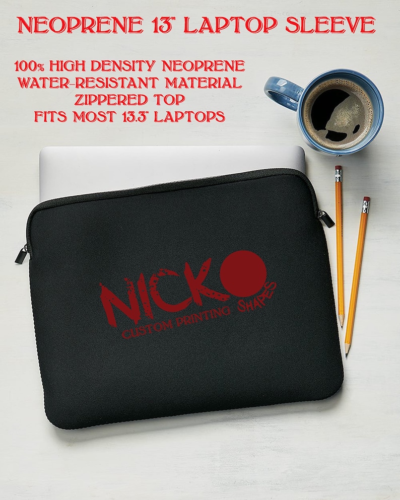 May include: Black neoprene 13-inch laptop sleeve with a zippered top. The sleeve features the text "NICKO CUSTOM PRINTING SHAPES" in red. The text "NEOPRENE 13" LAPTOP SLEEVE" is also visible. The sleeve is water-resistant and fits most 13.3" laptops.